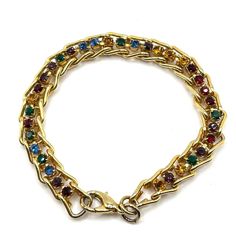 Vintage Rainbow Crystal Rhinestone Multicolor Gold Tone Chain Link Bracelet 6.5